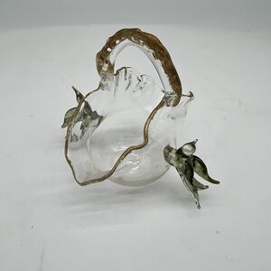 Vintage Art Glass Gold Trimmed Basket With Green Doves